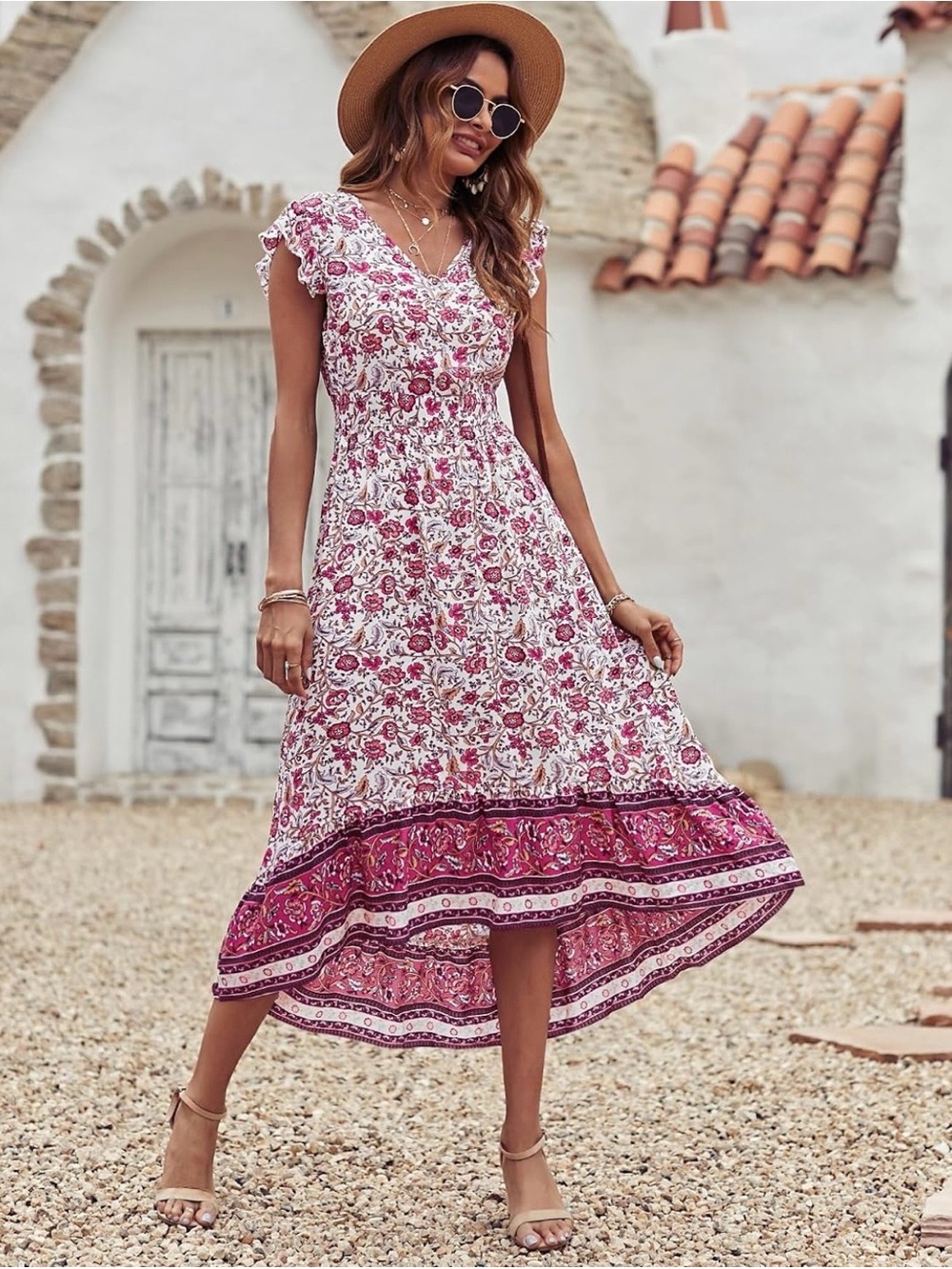 Floral High-Low Maxi Dress in Pink